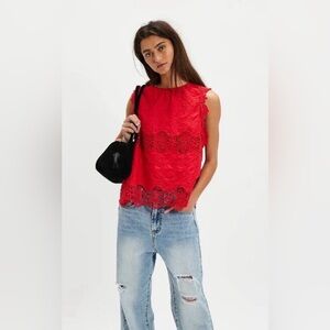 Free People Ashtin Lace-Adorned 100% Cotton Sleeveless Top In Flame Red Size XS